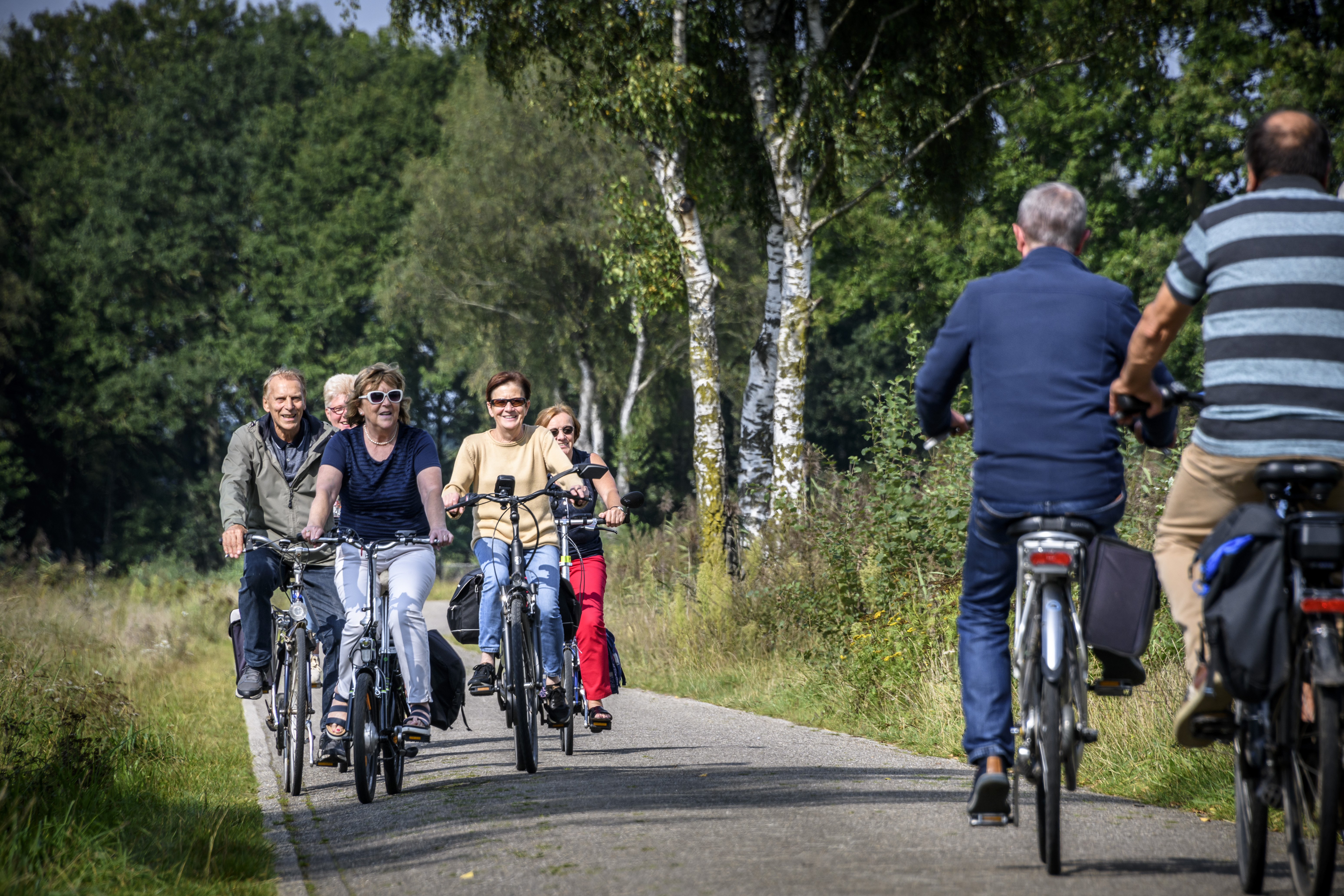 Group of people cycling on a bike path