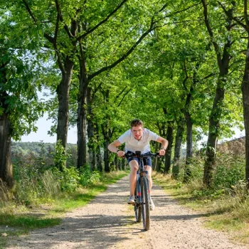 Jonge man fietst sportief over een onverhard pad tussen bomen in een zonnig, groen landschap.